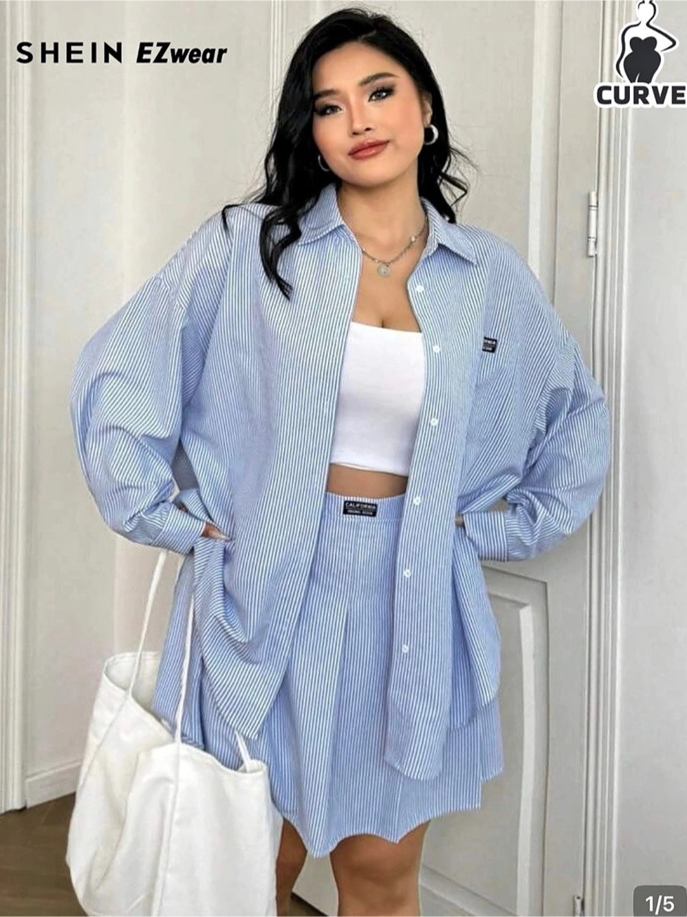 SHEIN 2 piece Striped Button Down Shirt in Blue & White skirt set